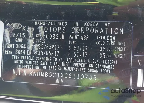 2016 Kia Sedona Lx from USA, damaged, VIN KNDMB5C1XG6110736